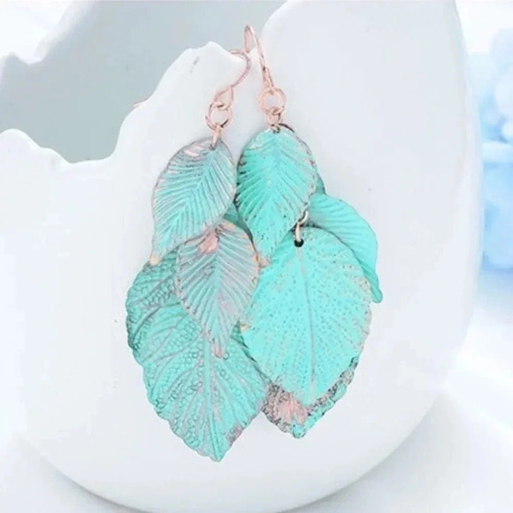 Blue Antique Patina Leaves Dangle Earrings - Picture 1 of 7